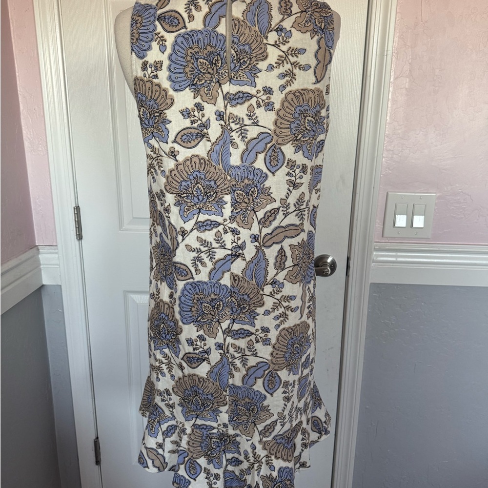 TOMMY HILFIGER Women’s 6 Linen Blend Sleeveless Dress Ruffle Hem Beige/Blues - Picture 6 of 14